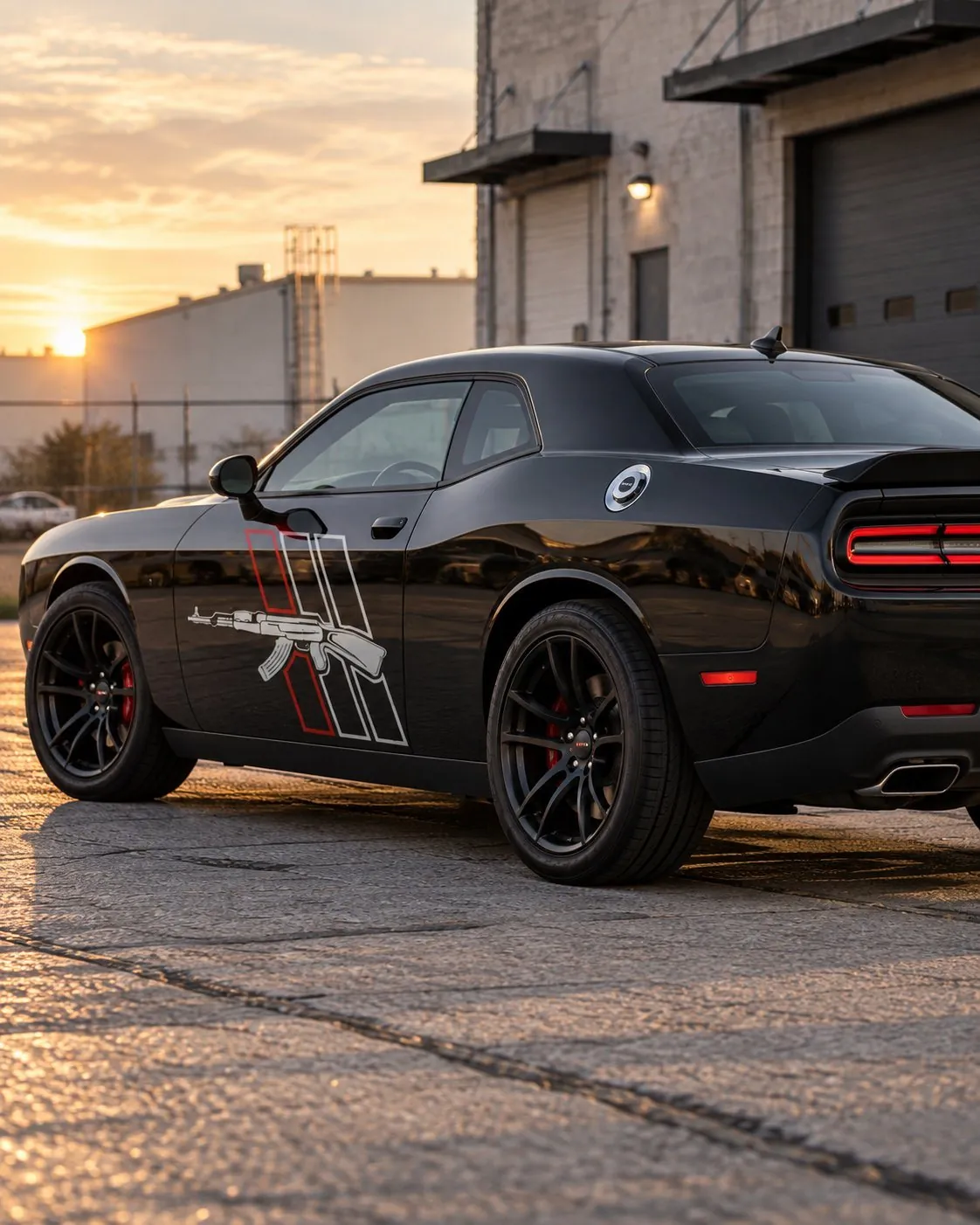 Custom rifle graphic decal on a Challenger side