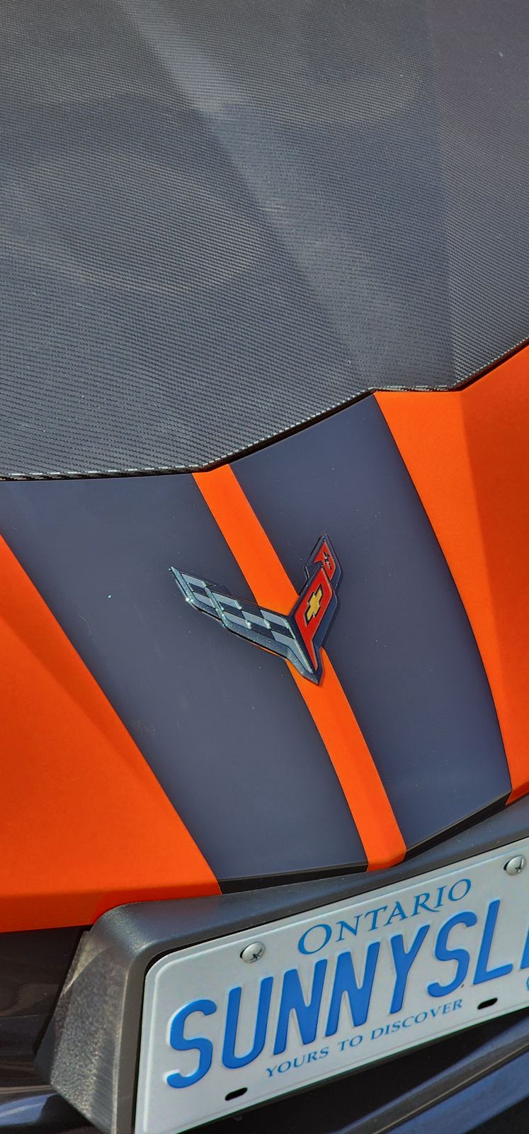 Close-up of the orange racing stripe and crossed-flags emblem on the Corvette C8 decklid